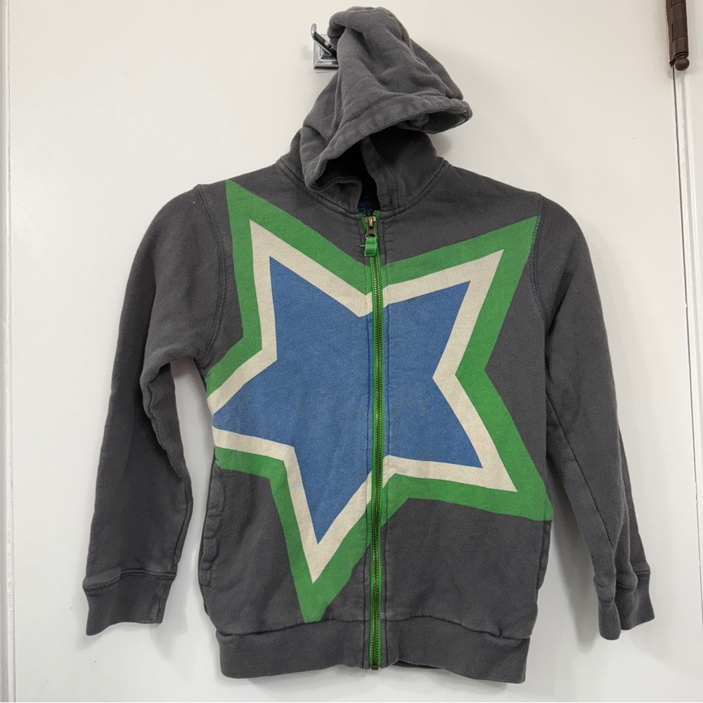 Boden Gray Hoodie with Green Trim and Blue Graphic